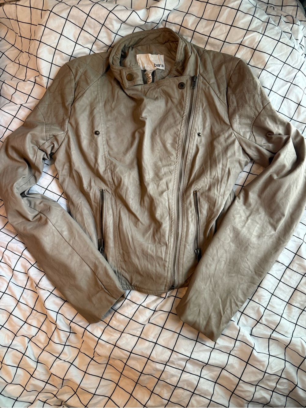 Bar III Taupe Faux Leather Moto Jacket